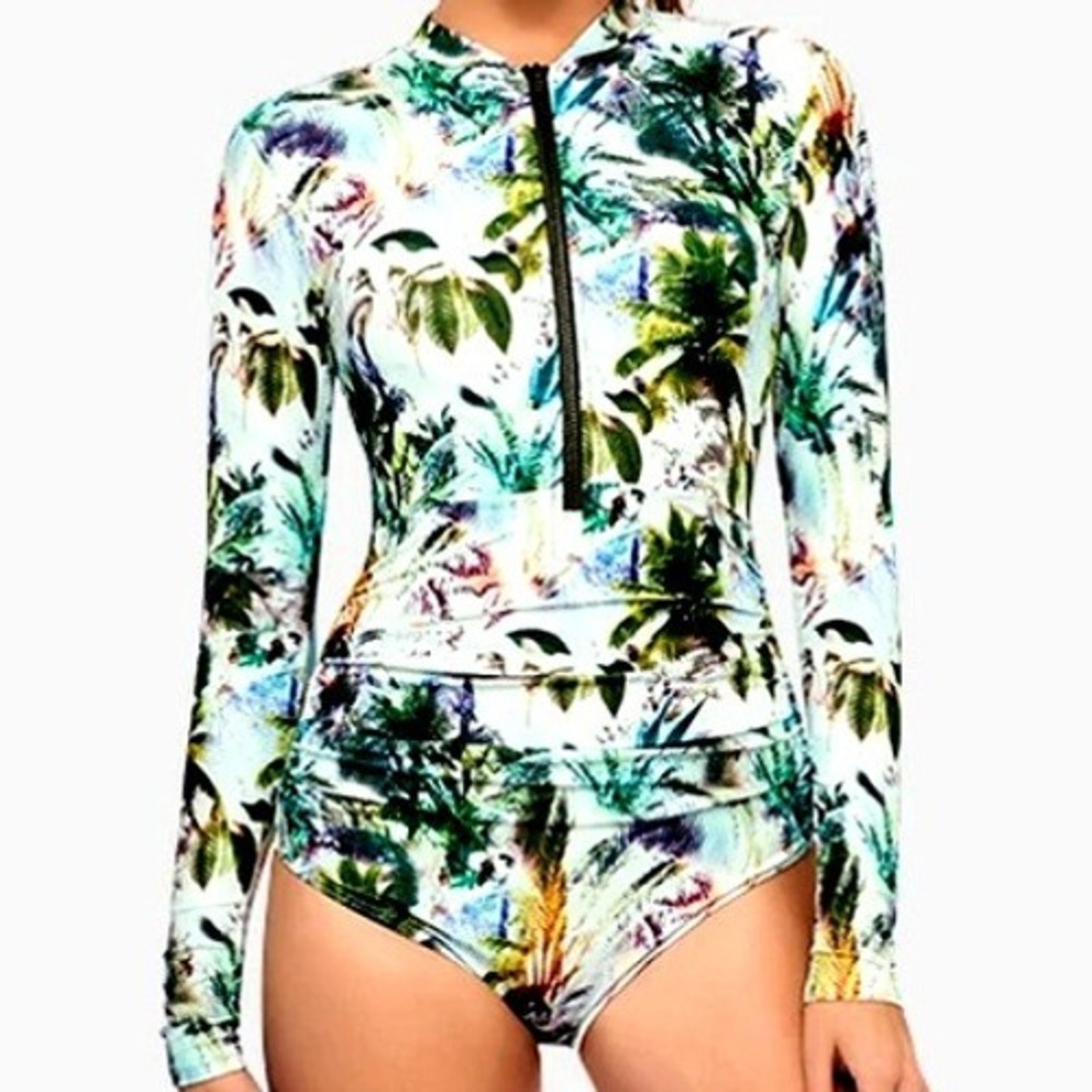 AXESEA Women's 16 Green Tropical Palm Print Long Sleeve Rash Guard Swimsuit